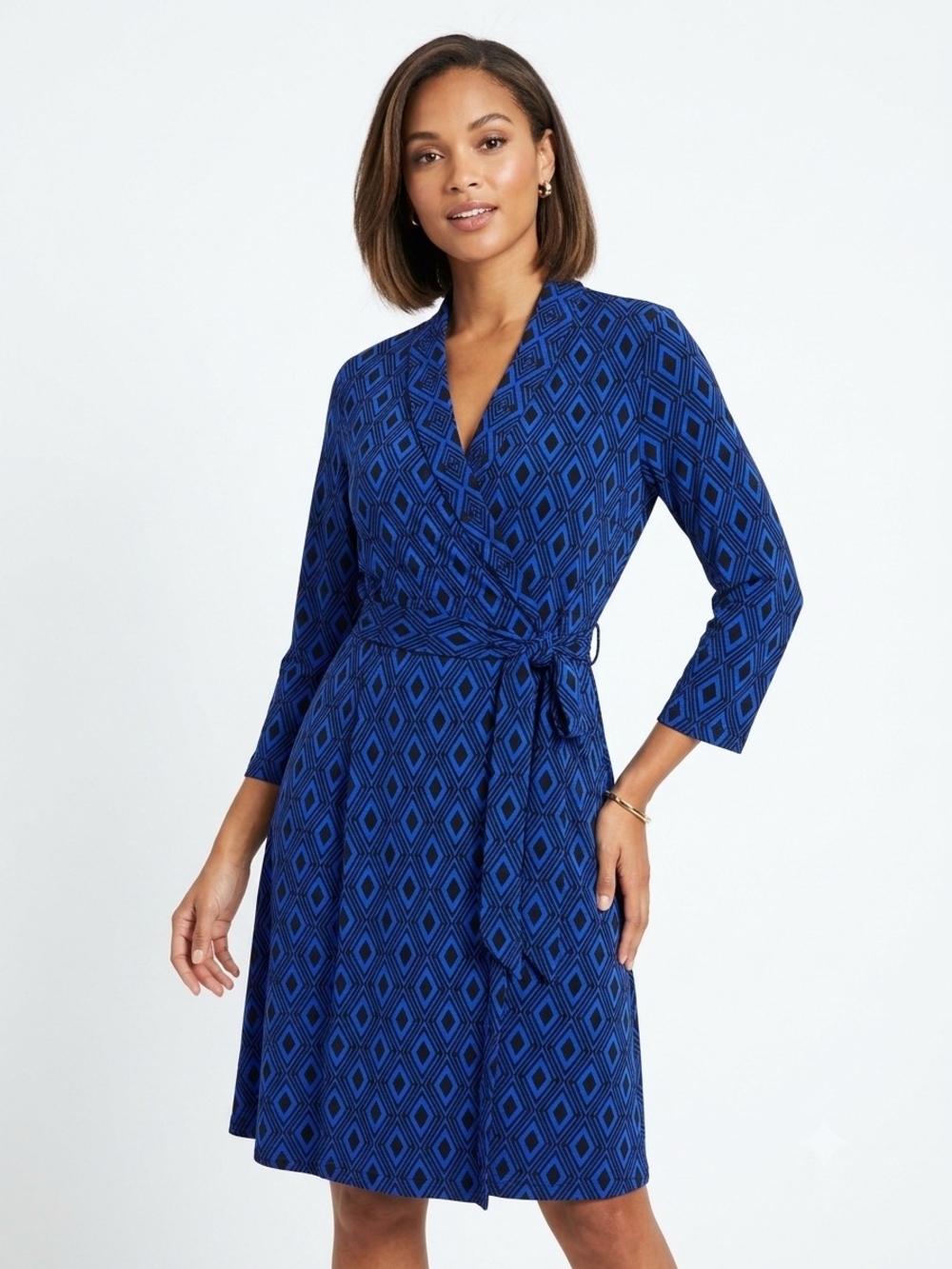 Liz Claiborne Petite L Blue Black Geometric Print Midi Dress Belted 3/4 Sleeves